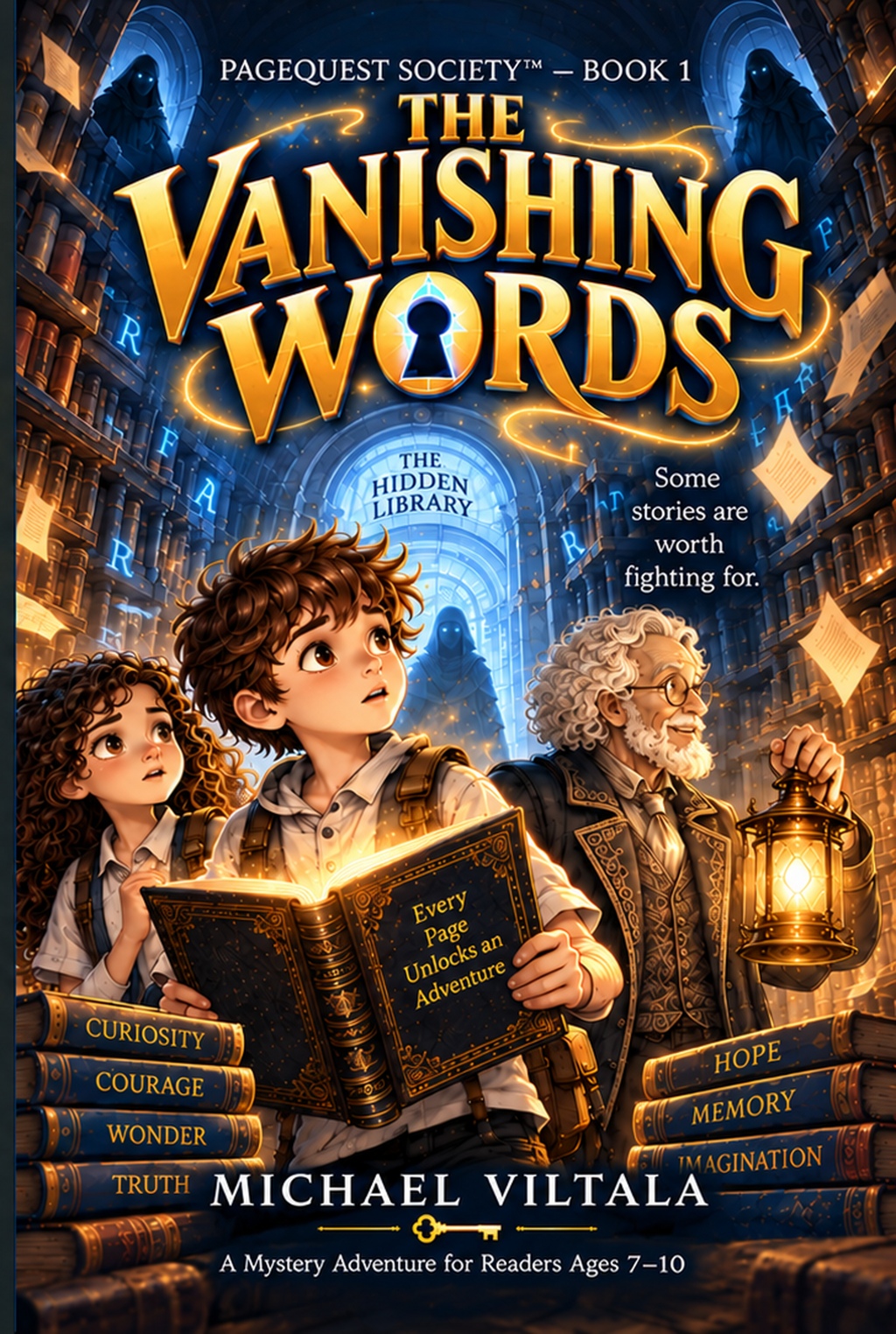 Front cover of The Vanishing Words, a mystery adventure book for kids ages 7–10 by Michael Viltala